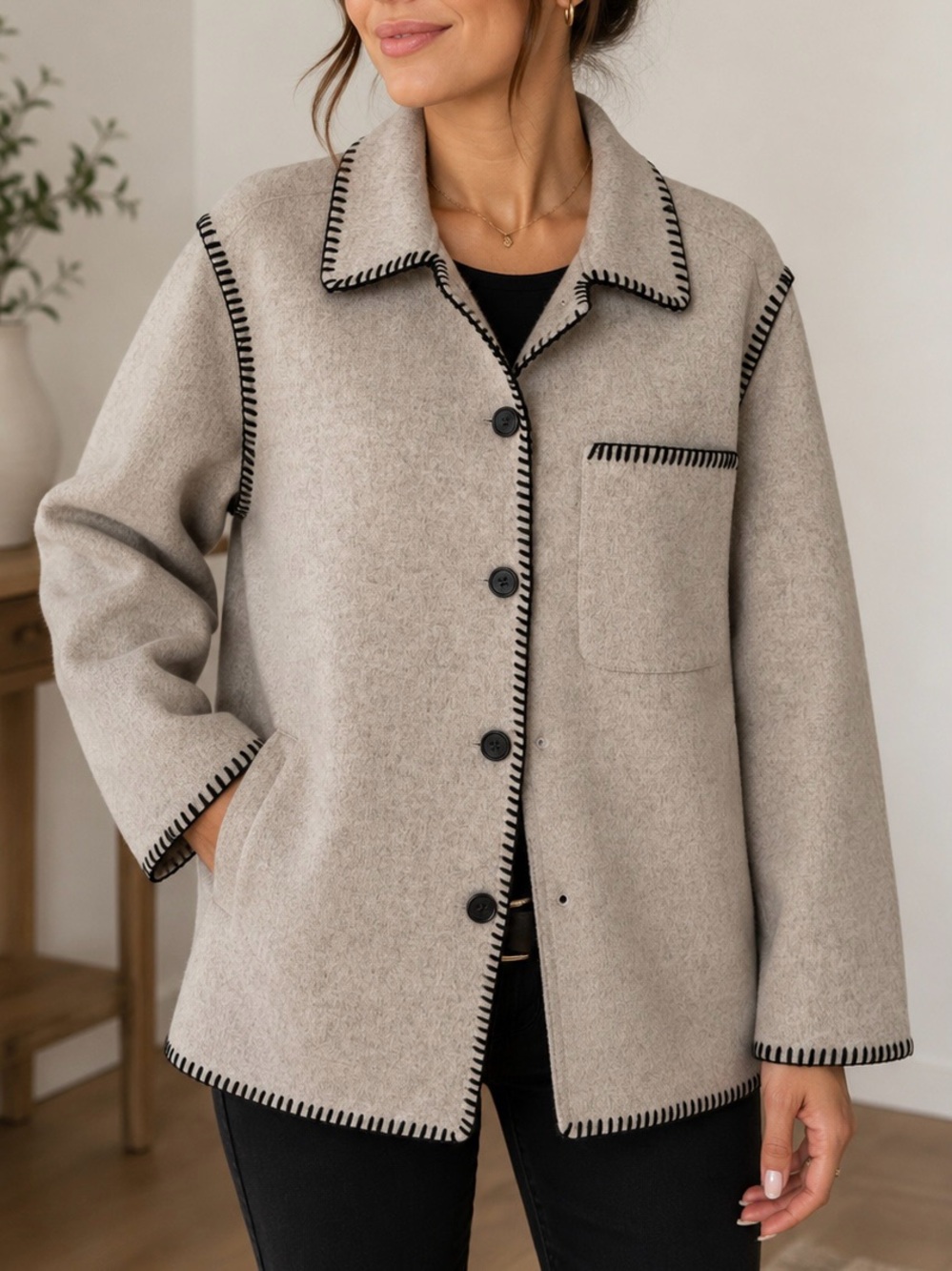 Rails Odyssey Beige Wool-Blend Jacket with Black Contrast Trim Mid-Length Size M